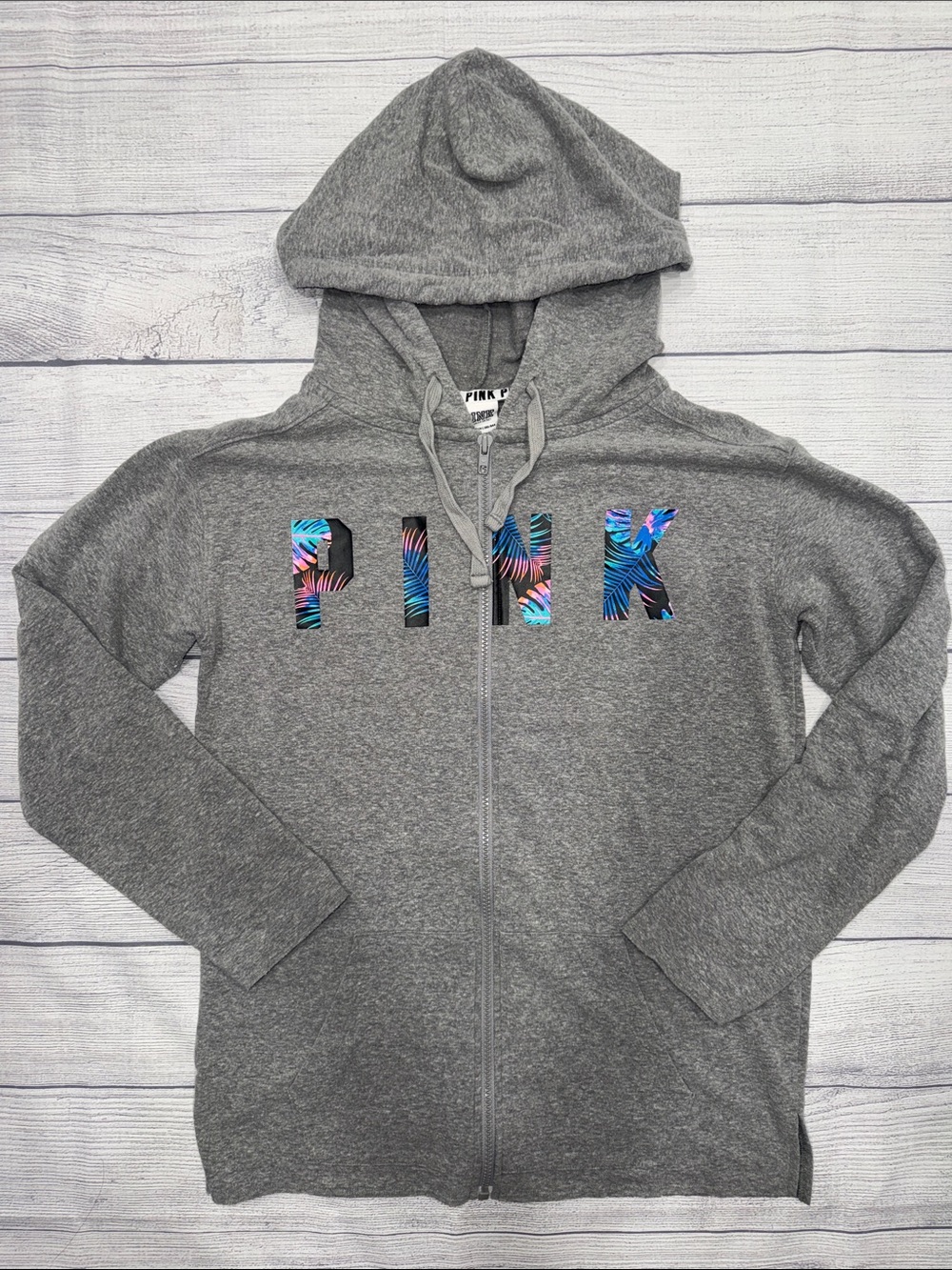 Vintage PINK Victoria's Secret Gray Zip-Up Hoodie with Tropical Lettering